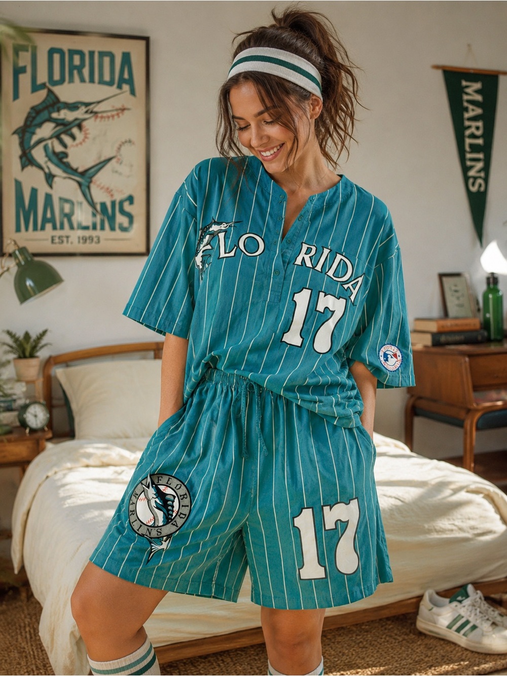 VTG Florida Marlins MLB Button Front Jersey and Shorts Lounge Set Large SEE ALL.
